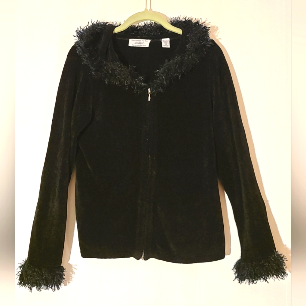 LORD & TAYLOR Black Zip Sweater w/ Fuzzy Cuffs & Hoodie Petite M